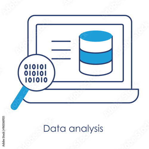 Vector icon for Data analysis. Depicts a laptop analyzing binary data in blue monochrome, representing data science and analytical computing.
