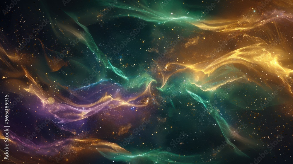 A colorful, swirling galaxy with a mix of green, yellow, and purple hues A colorful, swirling galaxy with a mix of green, yellow, and purple hues