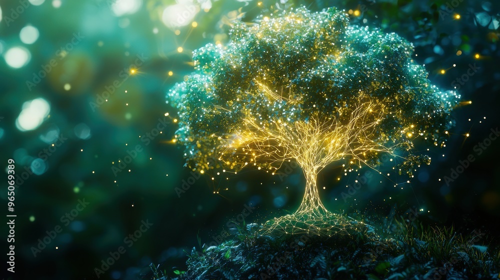 Obraz premium Glowing Ethereal Tree in Fantasy Forest Landscape with Shimmering Bokeh Lights