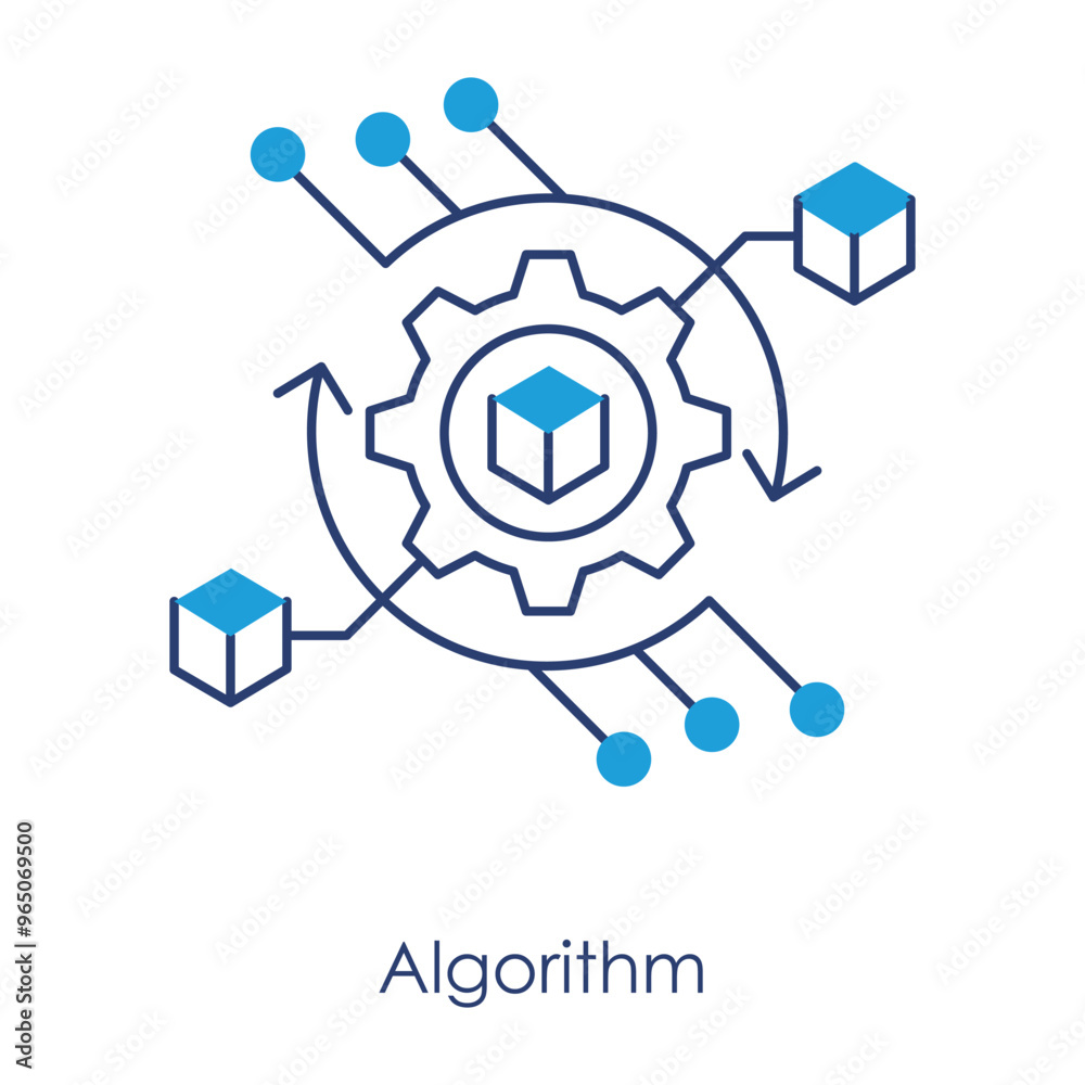 Fototapeta premium Vector icon for Algorithm. A central cog surrounded by nodes, representing computational logic and problem-solving in AI and machine learning, using blue tones.