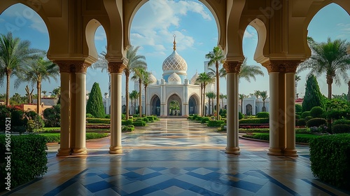 A View Through Arched Pillars of a Grand White Building With Domed Roofs