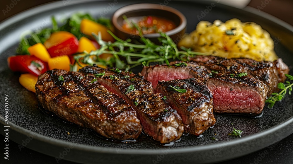 Close-up of Sliced Grilled Steak with Sides on a Black Plate Close-up of Sliced Grilled Steak with Sides on a Black Plate