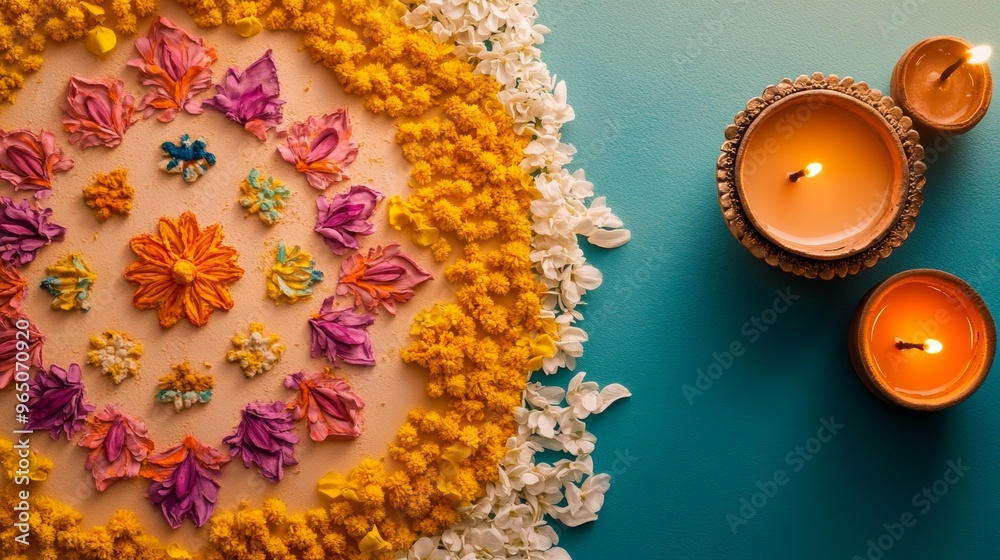 Diwali diya oil lamps with beautiful bright Indian pattern of colors holiday background. Creating a festive and decorative composition. Diwali diya oil lamps with beautiful bright Indian pattern of colors holiday background. Creating a festive and decorative composition.