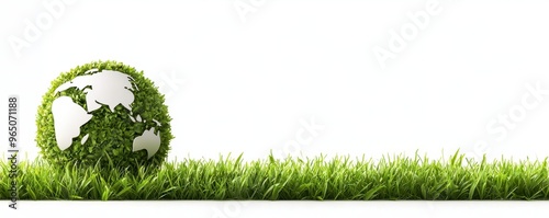 A vibrant green globe made of grass symbolizes sustainability and environmental awareness on a clean white background.