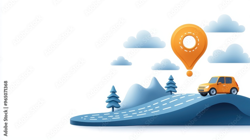 Naklejka premium A vibrant illustration of a car driving on a scenic road, with mountains and a location pin, symbolizing travel and adventure.