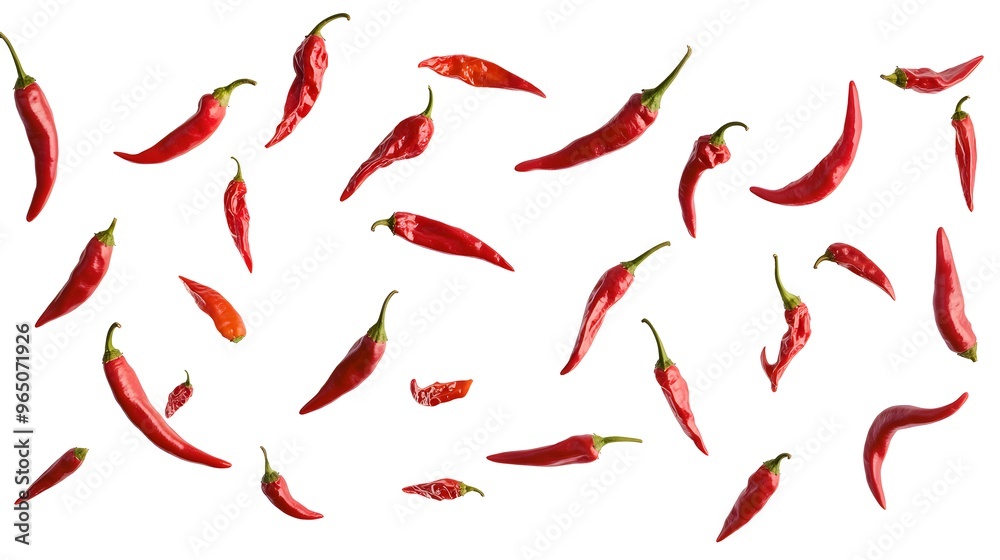 Fototapeta premium Vibrant Red-Hot Chili Peppers Flying Through the Air on a White Background. Perfect for Food, Culinary, and Spice-Themed Designs