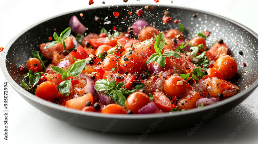 Fresh tomatoes, onions, and basil seasoned with spices in a pan.