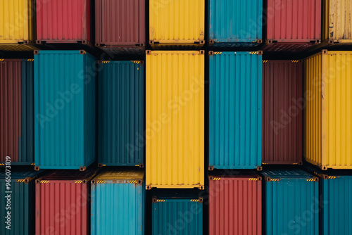 A vibrant aerial view of stacked shipping containers in various colors, symbolizing global trade and logistics. photo