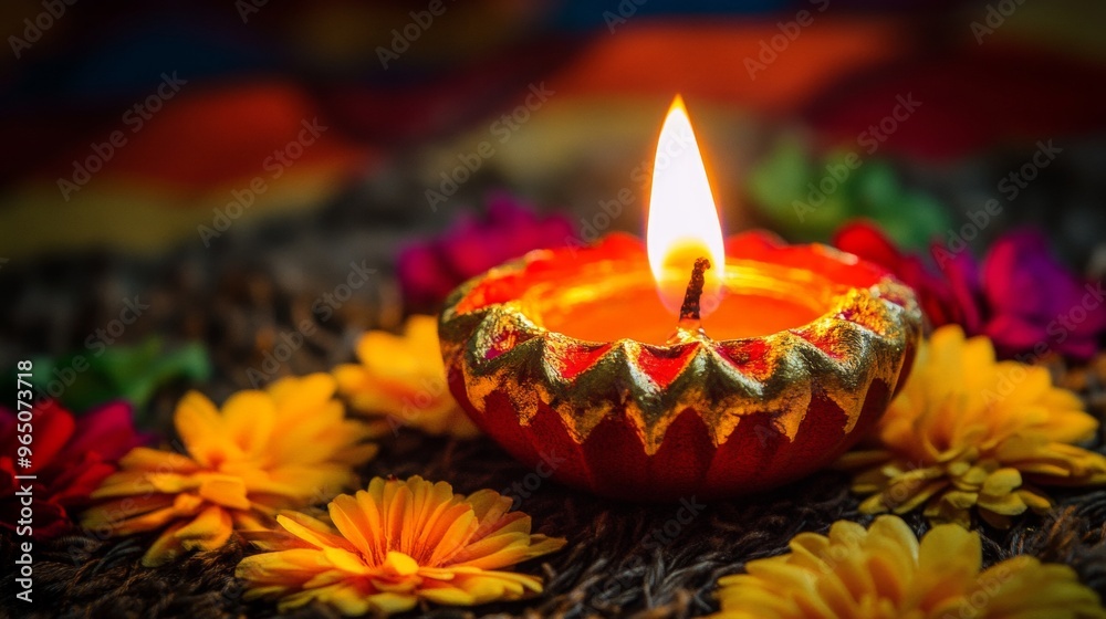 Diwali diya oil lamps with flowers holiday background. Creating a festive and decorative composition. Diwali diya oil lamps with flowers holiday background. Creating a festive and decorative composition.