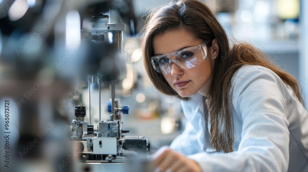 Female Scientist Conducting Experiment in Modern Laboratory Female Scientist Conducting Experiment in Modern Laboratory