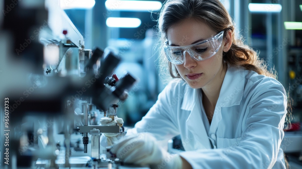 Focused Female Scientist Conducting Experiment in Laboratory Focused Female Scientist Conducting Experiment in Laboratory