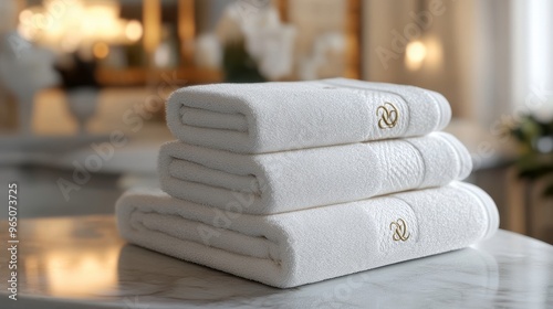 Monogrammed towel set, luxury spa gift with name embroidery, soft textures, 3D illustration