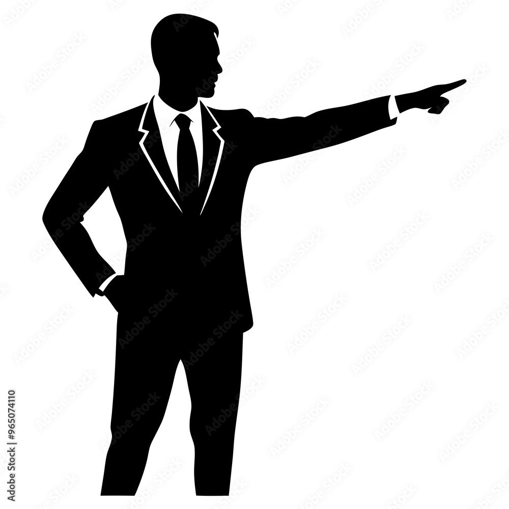 a business man stand with a hand expression of pointing of front direction, vector silhouette, isolated white background a business man stand with a hand expression of pointing of front direction, vector silhouette, isolated white background