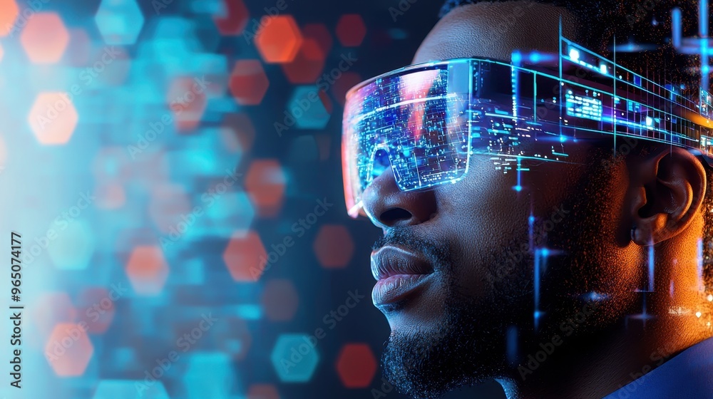 Futuristic Entrepreneur Using AR Glasses in Startup Office with Copy Space for Text - Technology and Innovation Concept