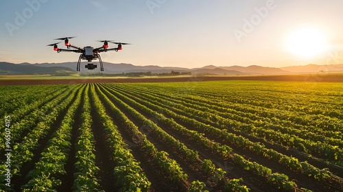 A smart farm with automated machinery and drones monitoring crops