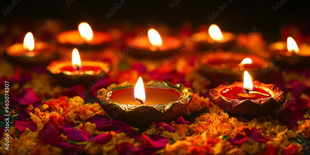 Diwali diya oil lamps with flowers holiday background. Creating a festive and decorative composition. Diwali diya oil lamps with flowers holiday background. Creating a festive and decorative composition.
