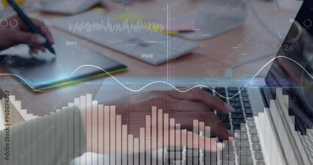Animation of data processing and diagrams over biracial woman using laptop Animation of data processing and diagrams over biracial woman using laptop
