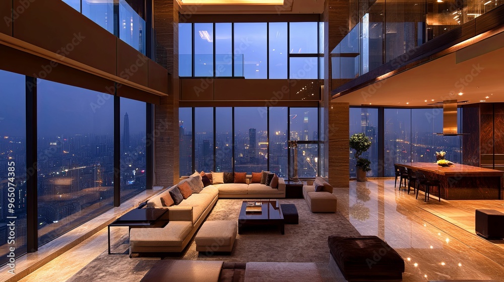 Modern Apartment with City View at Night Modern Apartment with City View at Night