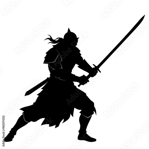 a sword warrior standing in an action pose as a black color silhouette isolated on a white background