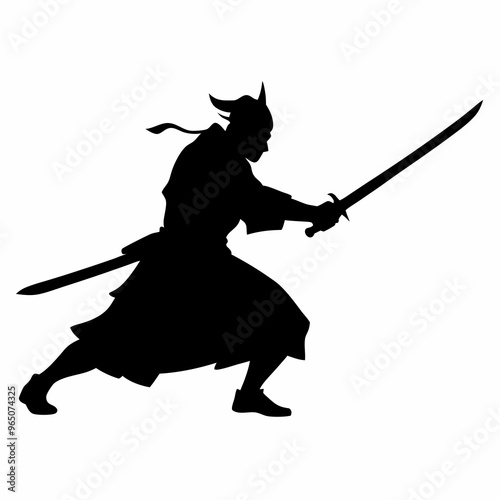 a sword warrior standing in an action pose as a black color silhouette isolated on a white background