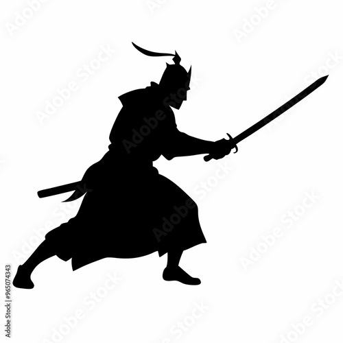 a sword warrior standing in an action pose as a black color silhouette isolated on a white background