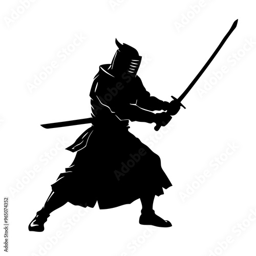 a sword warrior standing in an action pose as a black color silhouette isolated on a white background