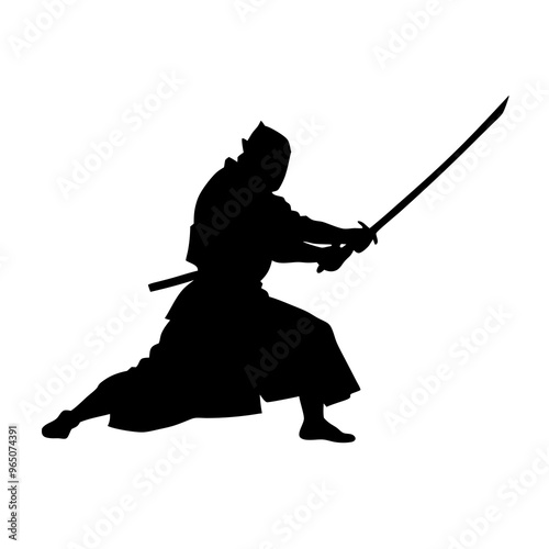 a sword warrior standing in an action pose as a black color silhouette isolated on a white background