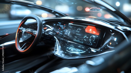 A futuristic smart car with an AI dashboard and autonomous driving capabilities