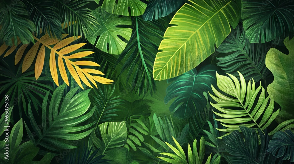 Lush Green Tropical Foliage with Yellow Accents Lush Green Tropical Foliage with Yellow Accents