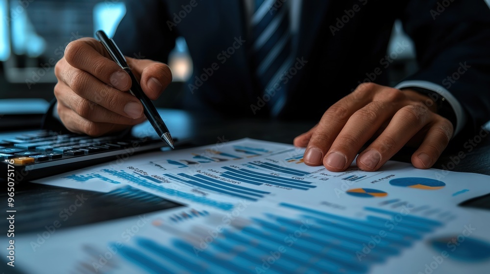 Businessman Analyzing Financial Data and Report on Desktop Computer Businessman Analyzing Financial Data and Report on Desktop Computer