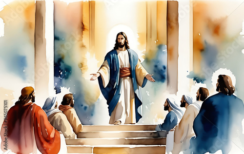 Jesus Christ teaches in the Temple. Watercolor Biblical Illustration	