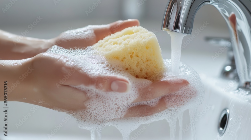 Fototapeta premium Close-up of hands being washed under running water in a bathroom sink, with a bar of soap and sponge nearby, promoting hygiene on Global Handwashing Day