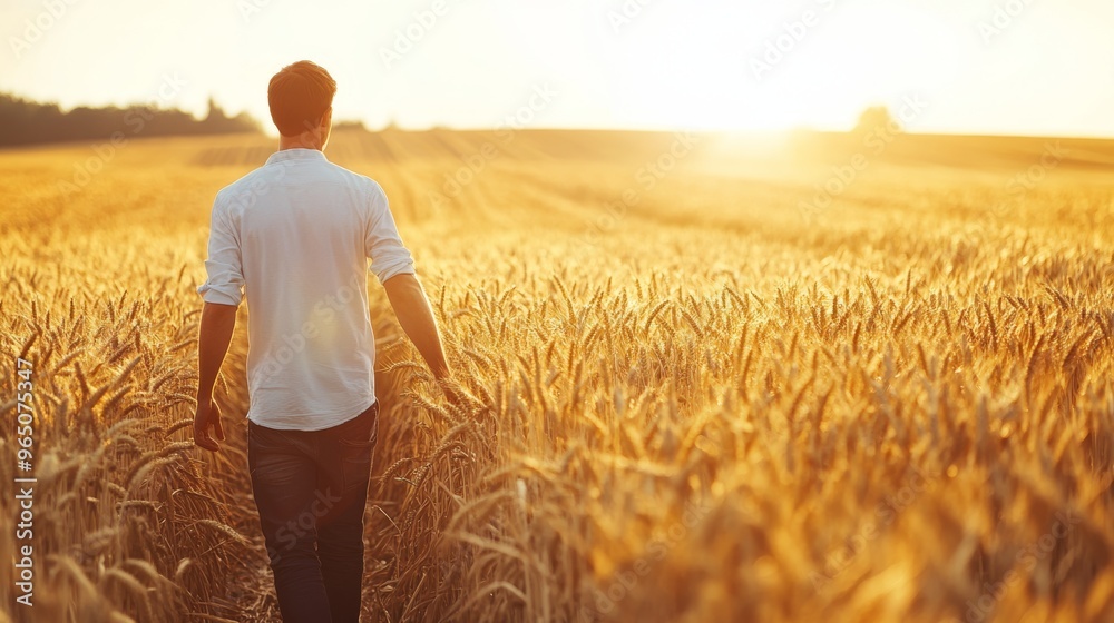 A farmer strolls through a golden wheat field, his hand brushing against the ripened stalks, basking in the bright sunlight on Farmers Day A farmer strolls through a golden wheat field, his hand brushing against the ripened stalks, basking in the bright sunlight on Farmers Day