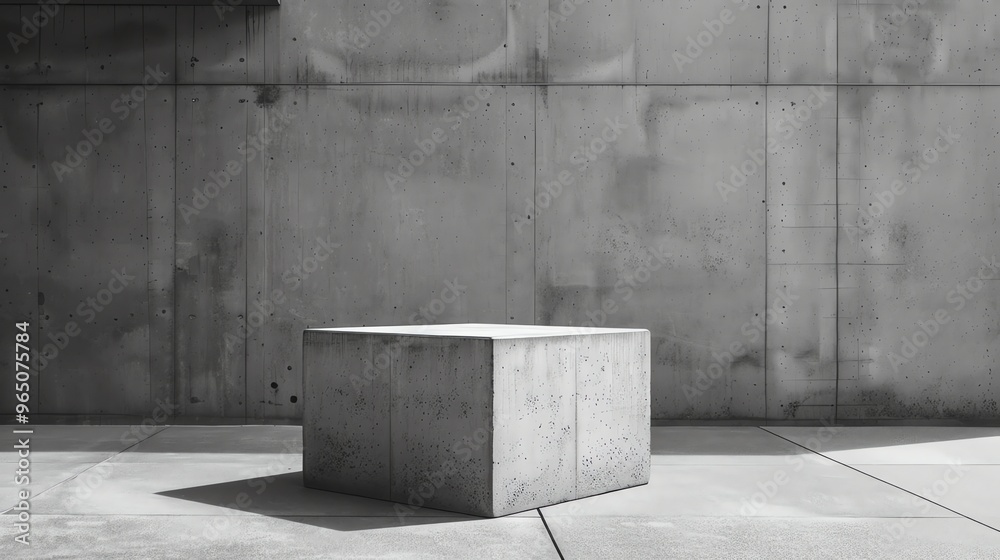 A concrete cube sits in front of a concrete wall, with sunlight casting a shadow. A concrete cube sits in front of a concrete wall, with sunlight casting a shadow.