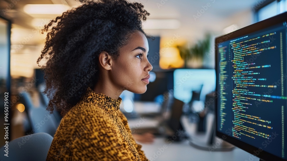 Confident Female Programmer Engrossed in Software Development at Workspace Confident Female Programmer Engrossed in Software Development at Workspace