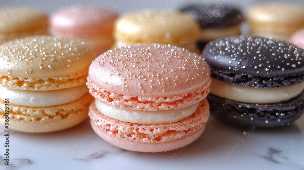 A close-up of colorful macarons with silver sprinkles. A close-up of colorful macarons with silver sprinkles.