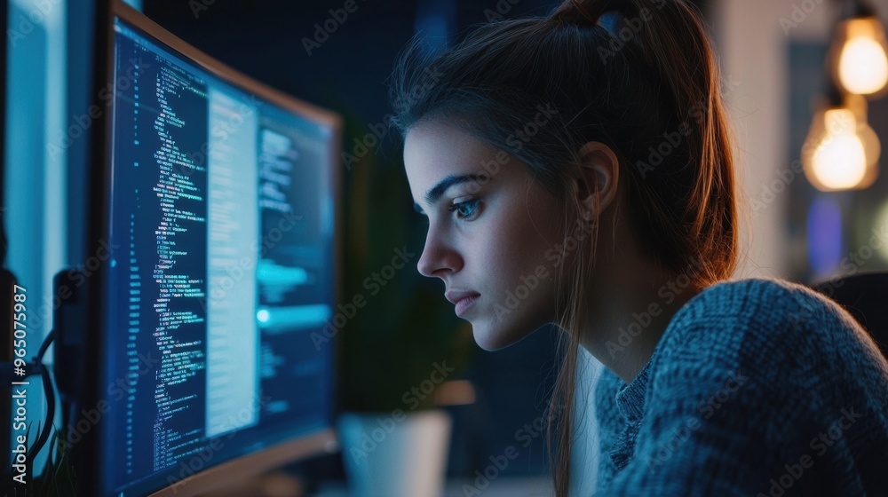 Focused Young Woman Programmer Coding on Computer in Dark Workplace Focused Young Woman Programmer Coding on Computer in Dark Workplace