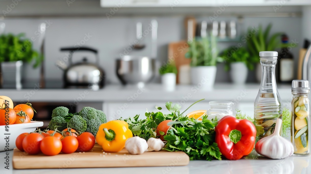 Fresh vegetables on a kitchen counter, including tomatoes, broccoli, bell peppers, garlic, and parsley. Fresh vegetables on a kitchen counter, including tomatoes, broccoli, bell peppers, garlic, and parsley.