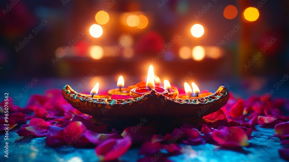 Diwali diya oil lamps with flowers holiday background. Creating a festive and decorative composition. Diwali diya oil lamps with flowers holiday background. Creating a festive and decorative composition.