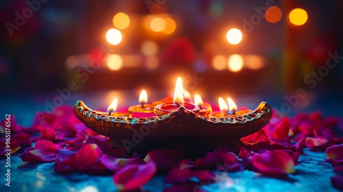 Diwali diya oil lamps with flowers holiday background. Creating a festive and decorative composition.