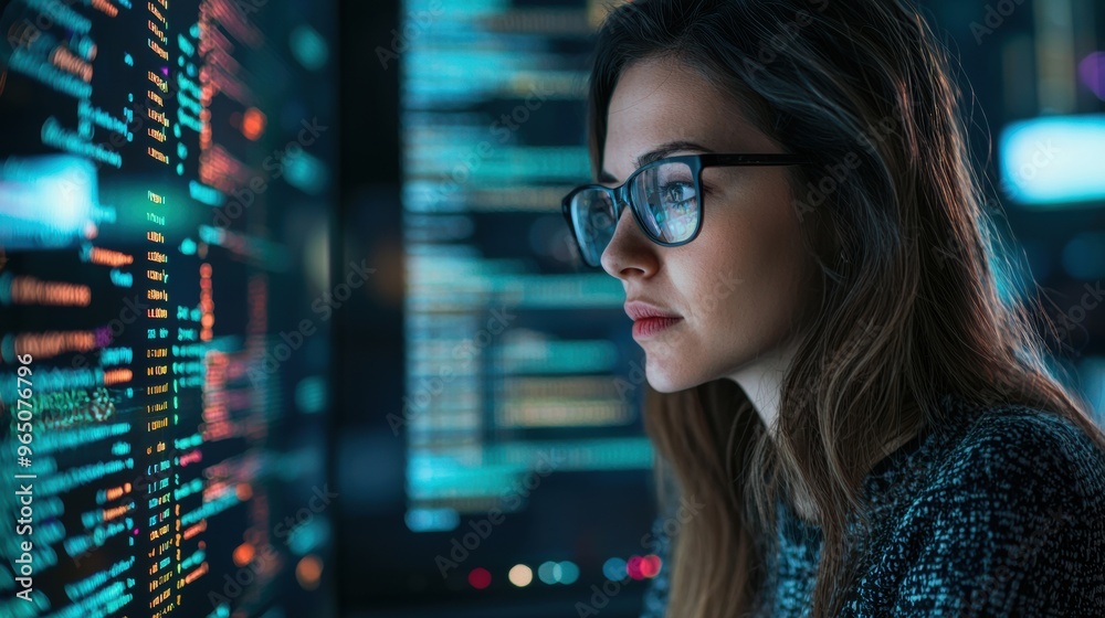 Focused Female Software Engineer Working on Complex Programming Tasks in Futuristic Tech Environment Focused Female Software Engineer Working on Complex Programming Tasks in Futuristic Tech Environment
