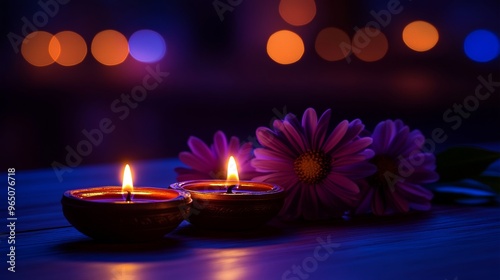 Diwali diya oil lamps with flowers holiday background. Creating a festive and decorative composition.