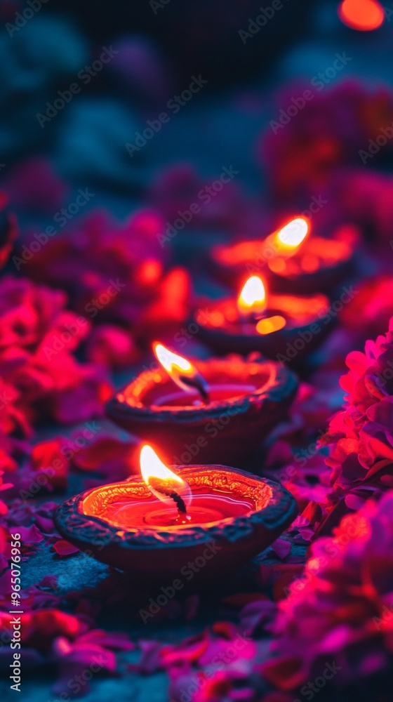 Diwali diya oil lamps with flowers holiday background. Creating a festive and decorative composition. Diwali diya oil lamps with flowers holiday background. Creating a festive and decorative composition.