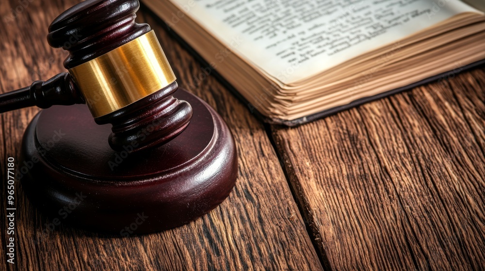 An overhead view of a court gavel on a wooden surface next to a law book, with the focus on the gavel and a softly blurred background, representing justice and the legal profession