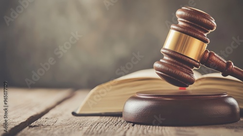 Close-up from above of a court gavel resting on a wooden table with a book, showcasing the symbols of the legal system with a shallow depth of field for National Paralegal Day photo