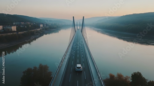 A car crossing a modern suspension bridge over a wide river
