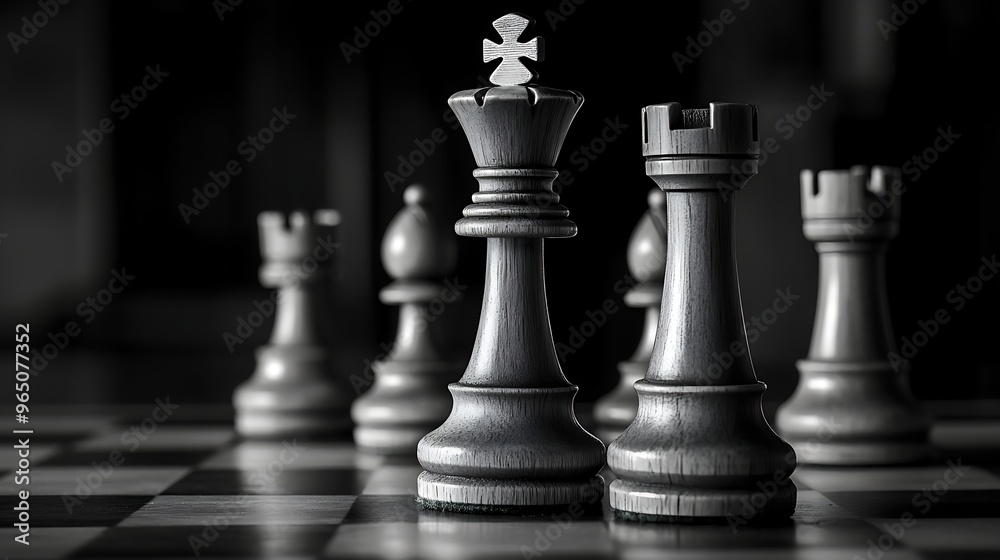 Chess pieces on a chessboard with a focus on the king and queen pieces, illustrating leadership and strategic thinking. Chess pieces on a chessboard with a focus on the king and queen pieces, illustrating leadership and strategic thinking.