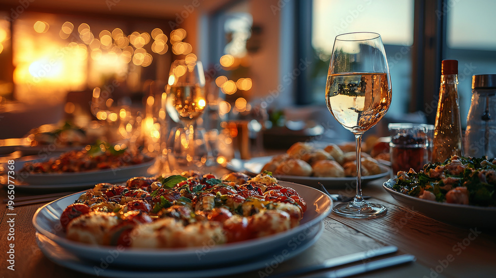 A glass of white wine sits on a table set for a dinner party.