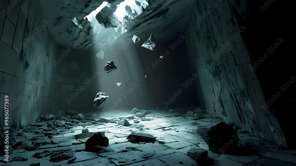 Obraz premium dimly lit room, with jagged rocks falling through a gaping hole in the ceiling