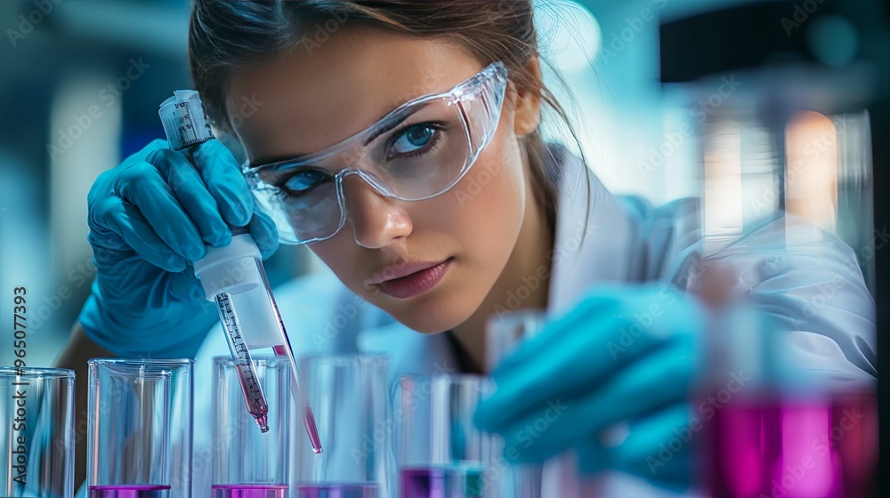 A Female Scientist in a Lab Carefully Adding Liquid from a Pipette into Test Tubes A Female Scientist in a Lab Carefully Adding Liquid from a Pipette into Test Tubes